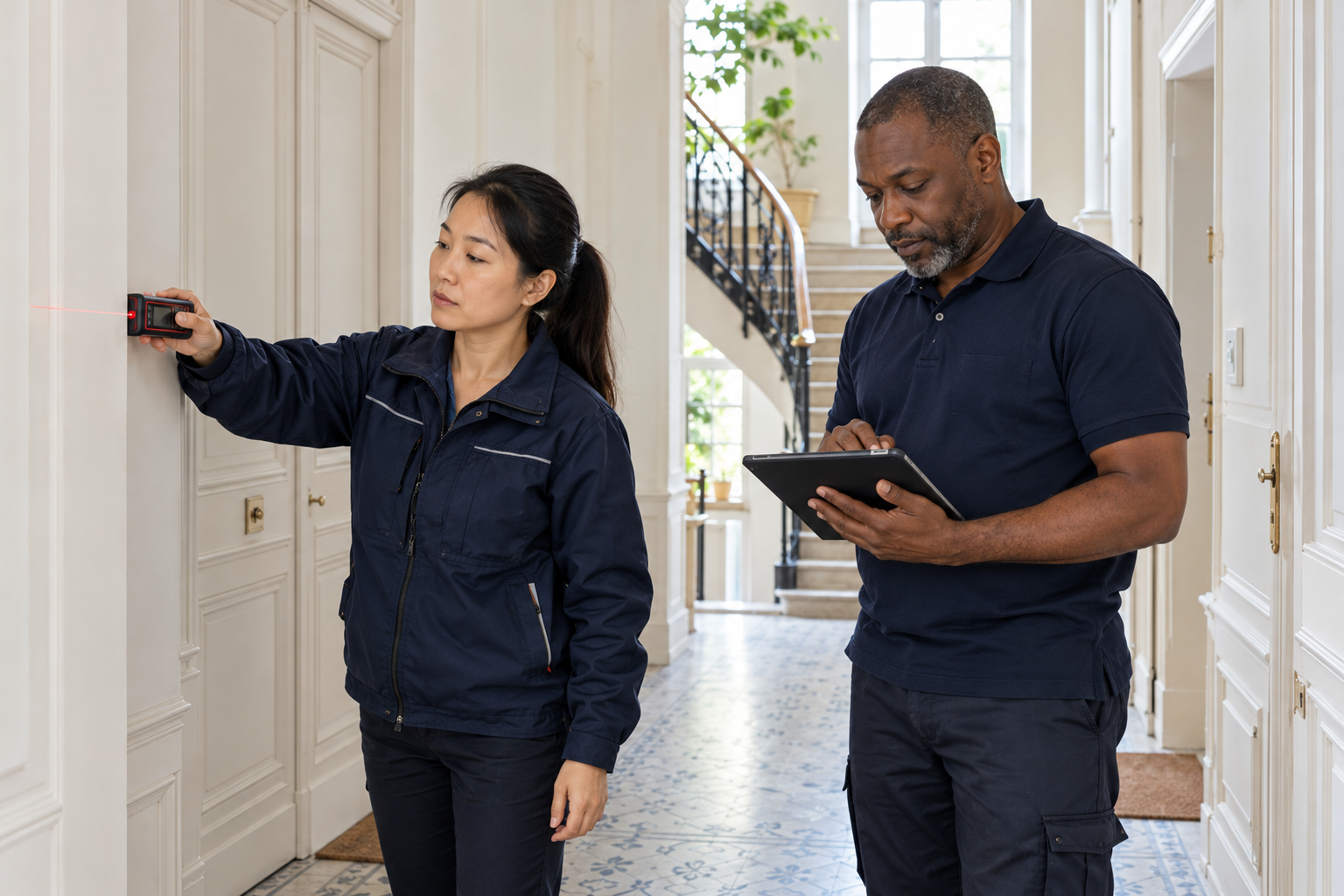 Professionnels du diagnostic immobilier en visite sur le terrain